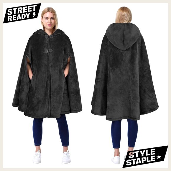 Oversized Sherpa Fleece Hooded Poncho Cape Wearable Blanket One Size